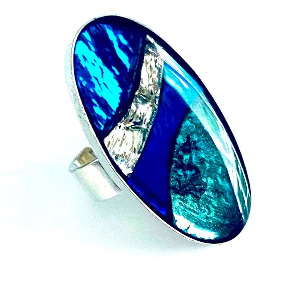 Jewelry - From Paris - Large Silver Ring with Inlays of Blue Glass in Excellent Condition